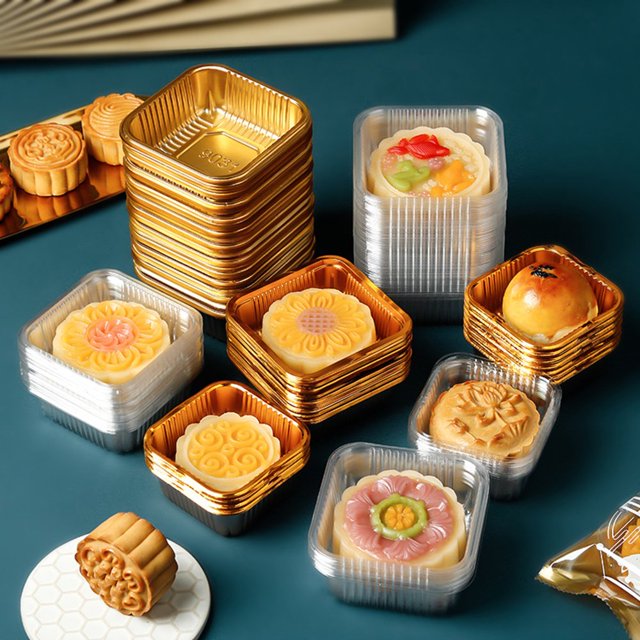 100Pcs Various Sizes Food Grade Moon Cake Trays Waterproof Thick Mooncake Packaging Box Container Holder Bakery Supplies Golden XL
