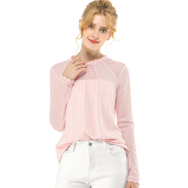 INSPIRE CHIC Haut à Manches Longues en Mousseline à Col Rond en Dentelle Florale pour Femme