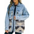 thumbnail image 3 of Women'S Loose Lapel Long-Sleeved Denim Patchwork Jacket Retro Raw Edge Mid-Length Jacket Blue XL, 3 of 7