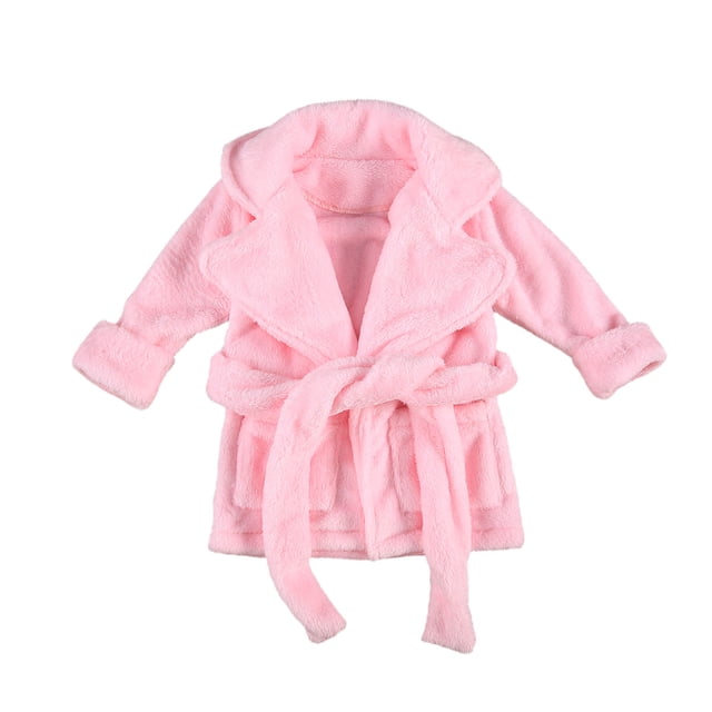 Baby Boy Girls Flannel Bathrobe Ultra Soft Solid Color Long Sleeve Lapel Design Robe with Belt and Pocket in pink. Made of high-quality flannel for softness and warmth. Features long sleeves, lapel collar, tie belt, and front pockets. Ideal for baby sleepwear, bath time, or lounging.