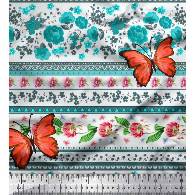 Soimoi Green Cotton Voile Fabric Floral & Insect Patchwork Print Sewing Fabric BTY 42 Inch Wide