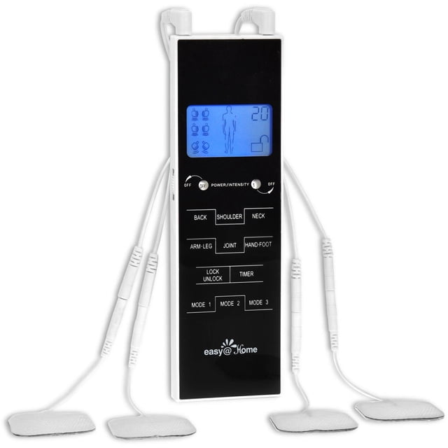 Easy@Home Appareil de Massage Électronique Portatif TENS de Luxe à Impulsions, Modèle EHE010, Présentant un design Noir Épuré avec un Écran LCD Rétroéclairé Bleu et un Clavier à Toucher Doux. l'Appareil Comprend des Boutons Étiquetés pour Diverses Zones du Corps comme le Dos, l'Épaule, le Cou, le Bras-Jambe, l'Articulation et la Main-Pied, Ainsi Que des Commandes de mode et de Minuterie. Quatre Coussinets d'Électrode Sont Connectés via des Câbles Blancs, Conçus pour la Thérapie de Soulagement de la Douleur sur