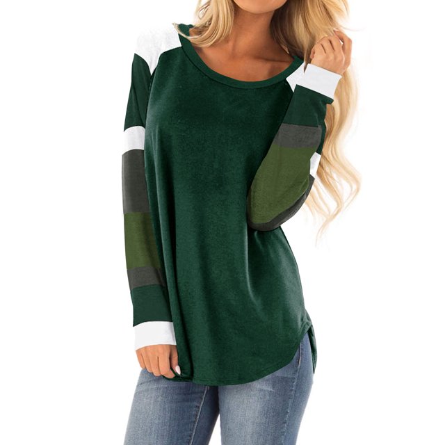 ZXZY Women Color Block Round Neck Long Sleeve Scoop Hem Tunic Top