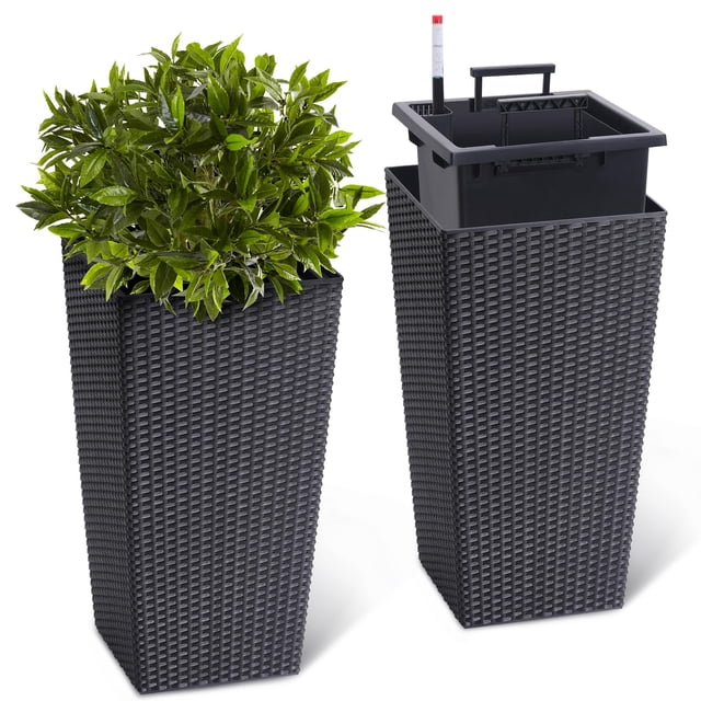 BeesClover 16 Inch Tall Planter Set of 2 Large Rattan Flower Pot with 2 Trays & a Water Level Monitor & Wheels Outdoor and Indoor for Patio, Porch, Living Room, or Home Office