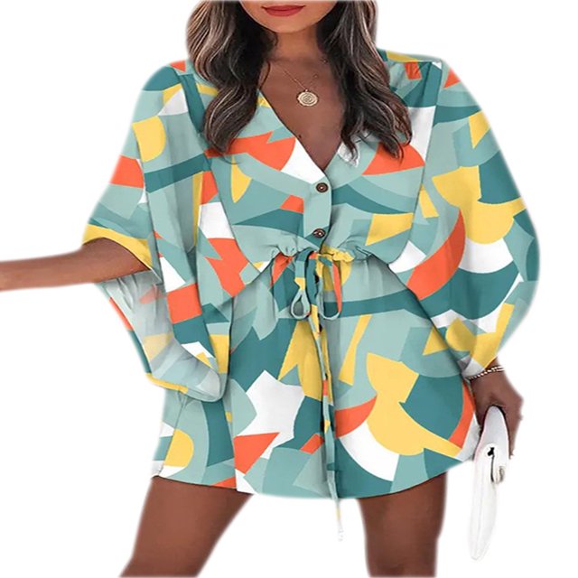 Middle Sleeve Leaf Floral Dresses for Women Button Chest Elastic Waist One Piece