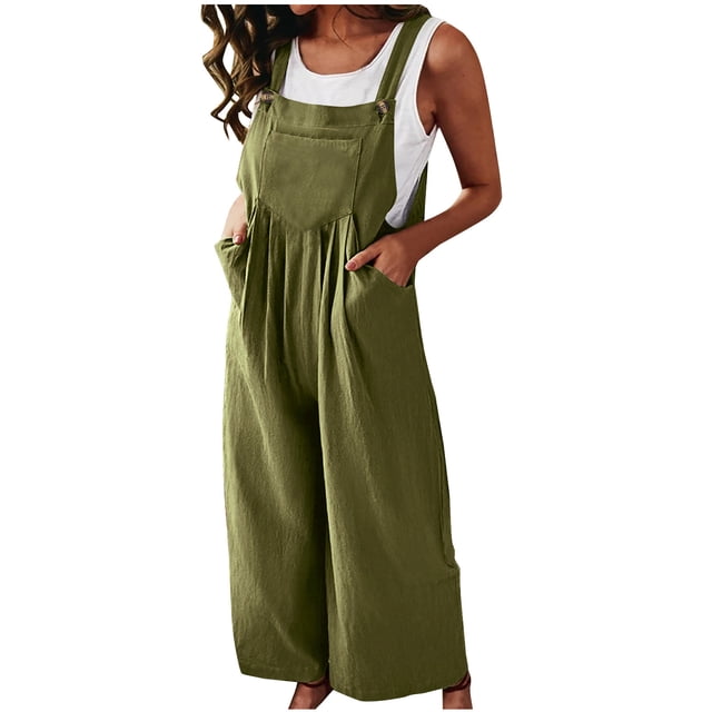 Birdeem Womens Linen Cotton Solid Color Sleeveless Pocket Casual Wide Leg Side Button Jumpsuit