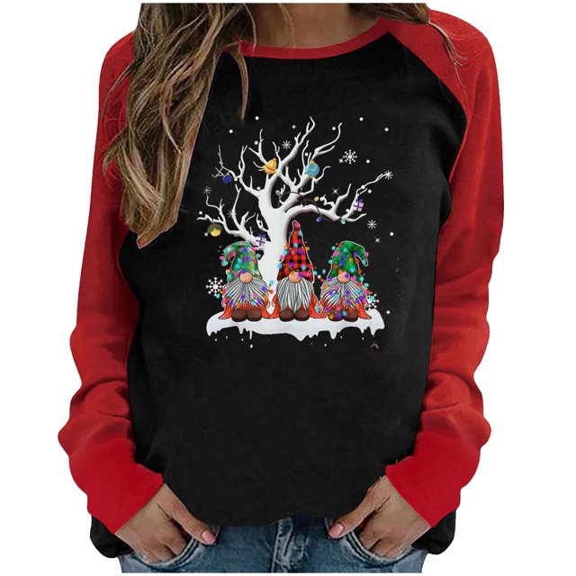 RKSTN Chandail pour Femmes de Noël à Col Rond, Chandail Imprimé du Père Noël, Manches Longues, Blouse Régulière à Empiècements