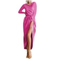 thumbnail image 1 of cfhntfmh Robes de Cocktail pour Femmes Automne Confortables Col Rond Manches Longues Longue Robe Maxi Douce Aguichant Ceinturée Fente Latérale Robe de Soirée, 1 of 1