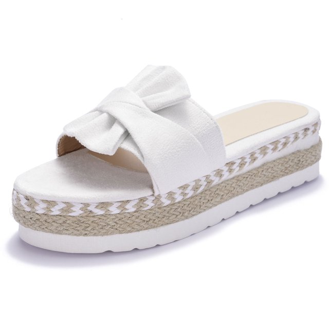 Woobling Sandales Compensées d'Été pour Femmes, Espadrilles à Plateforme avec Nœud, à Enfiler, Blanches, 7