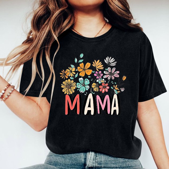 Meichang Mama Chemises pour Femmes Rétro à Fleurs Mama à Lettres Imprimées T-Shirt Fête des Mères Manches Courtes Col Rond T-Shirt Graphique Maman T-Shirt Décontracté Hauts