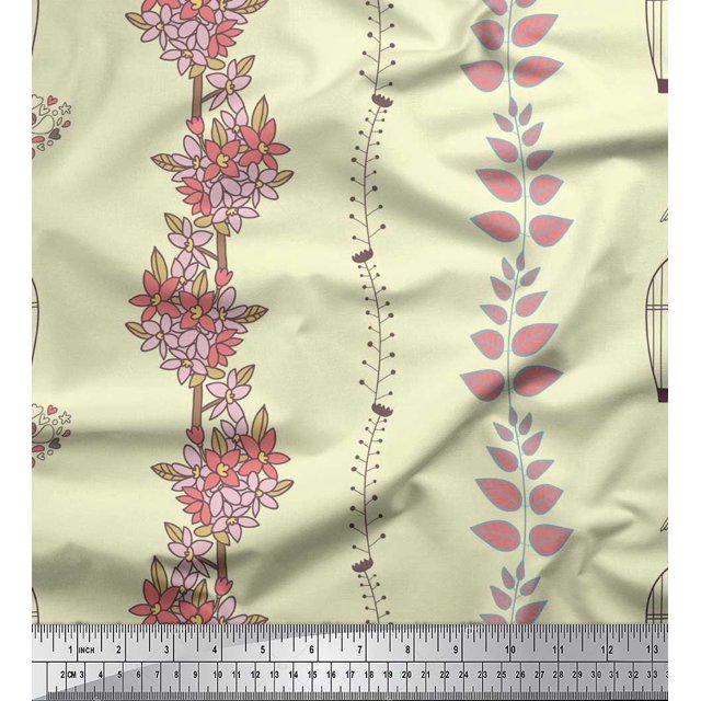 Soimoi Poly Georgette Fabric Bird,Cage & Floral Artistic Decor Fabric Printed Yard 52 Inch Wide