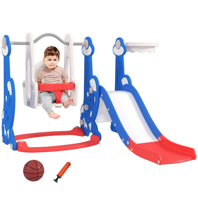 Qaba 4-in-1 Slide and Swing Set with Basketball Hoop and Climber in dark blue. Features a rocket-themed design with a cushioned slide, a swing with safety rails and backrest, a non-slip climber, and a basketball hoop. Made from HDPE and PP materials with smooth edges for safety. Includes a basketball and pump. Suitable for children aged 18-48 months, with a maximum load of 66 lbs.