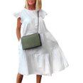 thumbnail image 1 of Faithtur Robe Mi-Longue Ample pour Femmes, Style Décontracté d'Été, Couleur Unie, Col Rond, Manches Volantes, Jupe Froncée, 1 of 5