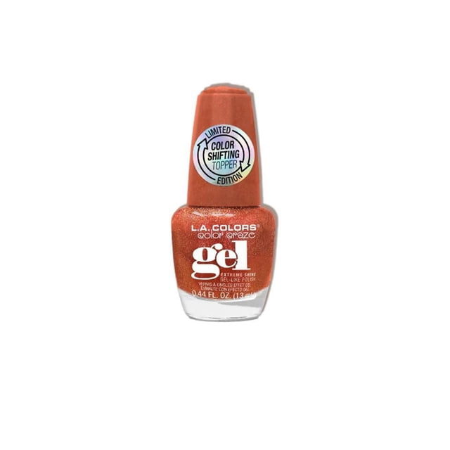 Galactic Glam Vernis Gel à Changement de Couleur dans une Bouteille en Verre Transparent de 13 ml avec Vernis Gel orange Scintillant et un Capuchon orange Étiqueté Édition Limitée de Surmatelas à Changement de Couleur par L.A. COLORS, Conçu pour le Soin des Ongles avec une Brillance Semblable au Gel, Aucune Lumière UV Nécessaire, et Convient à Superposer sur d'Autres Couleurs.