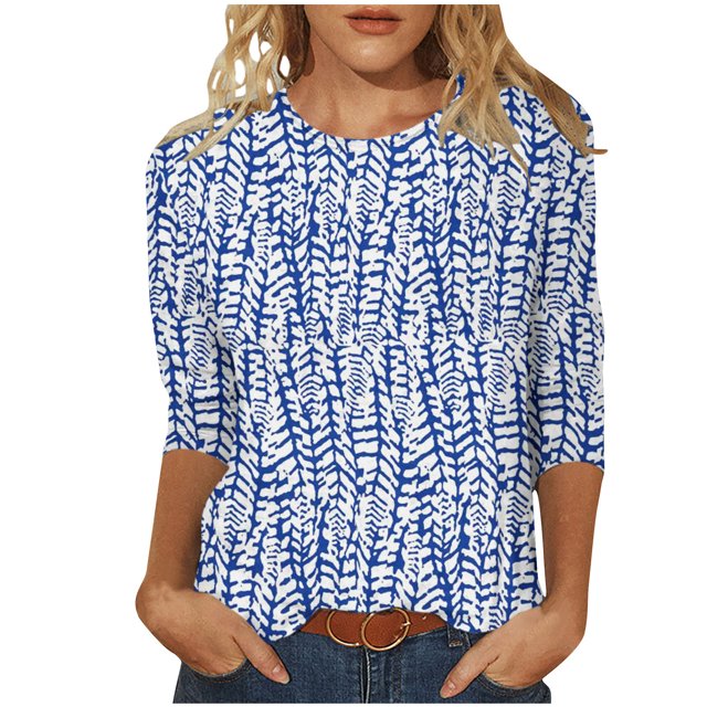 HKEJIAOI T-shirts à Manches 3/4 pour Femmes Col Rond Imprimé Floral Top Femme à Manches Trois-Quarts