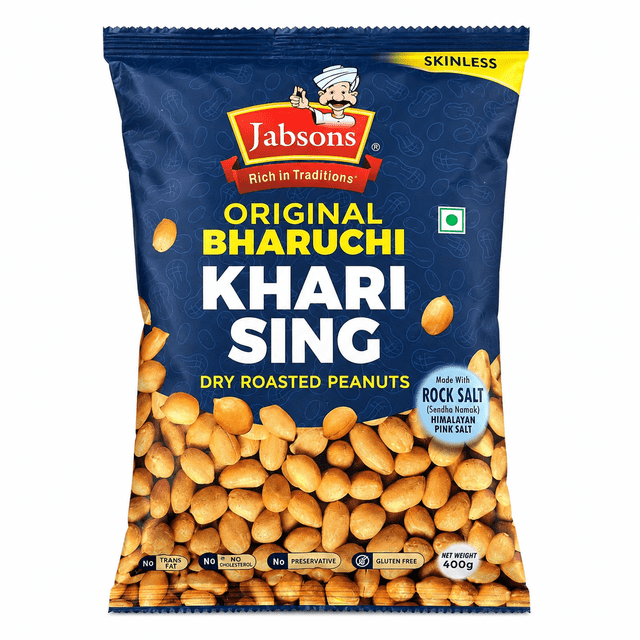 Jabsons Original Bharuchi Khari Sing Sans Peau 400 g – Arachides Rôties à Sec avec Sel Gemme / Collation Croquante Riche en Protéines