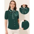 thumbnail image 2 of INSPIRE CHIC Women's Contrast Peter Pan Collar Shirt Puff Sleeve Button Up Tie Neck Blouse Dark Green L, 2 of 4