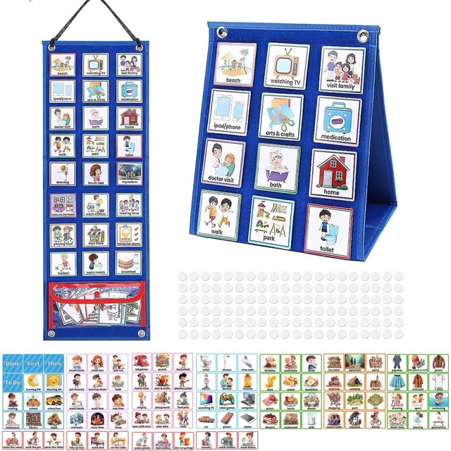 SURJDE 2 in 1 Visual Schedule Chore Chart for Kids with 107 Cards, designed for visual learners and children with communication challenges such as ASD and ADHD. Features a double-sided blue fleece board with colorful cards illustrating daily routines like bathing, eating, and playing. Includes grommets, hooks, and a strap for wall hanging or use as a pocket chart stand. Cards are durable, waterproof, and tear-resistant, making it a practical daily routine organizer and visual learning tool.