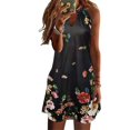 thumbnail image 1 of Women Keyhole Floral Leaves Printed Casual Halter Neck Sleeveless Mini Dress, 1 of 6