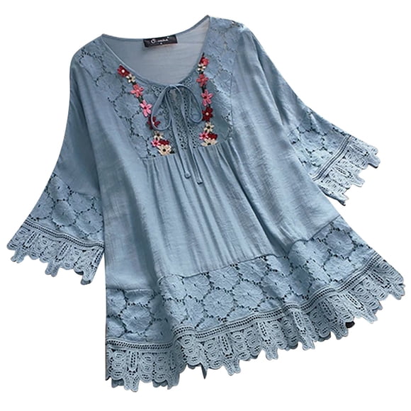 Fgnfyis Linen Lace Trim V Neck Loose Fit Women's Top Elegant Casual Blouse for Everyday Wear T Shirts for Women Blue XXXXL