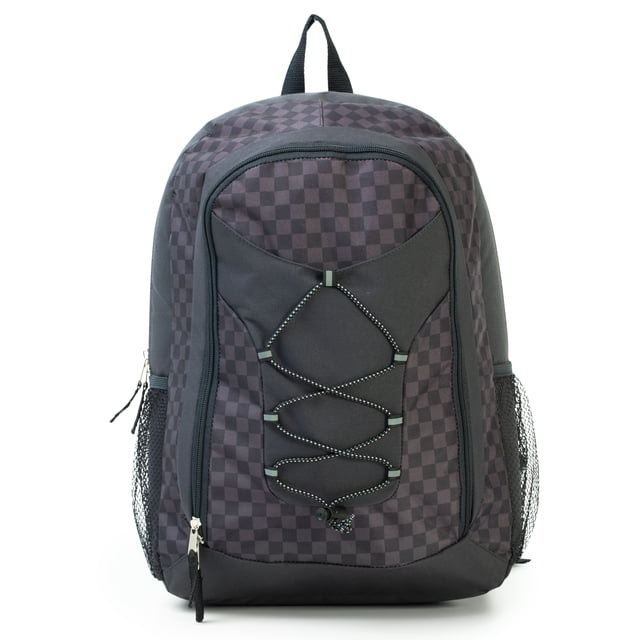 Jetstream Multi-Compartment School Backpack with Organizer, Bungee & Mesh Pockets in a front-facing view, featuring a black and dark grey checkerboard pattern, elastic bungee cord on the front for quick storage, two side mesh pockets for water bottles, padded back panel, and cushioned shoulder straps for all-day comfort, suitable for school and active use.