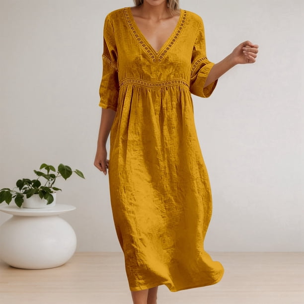casual cotton dresses women Yammkia Summer Dress Dress for Summer Sleeveless Long Sundress Lady Solid Color Open Back Lounge Dresses(Yellow,XL) mermaid gown prom Elea Beaded Maxi Dress Style:P25D103614 not recommended mailbox ) White