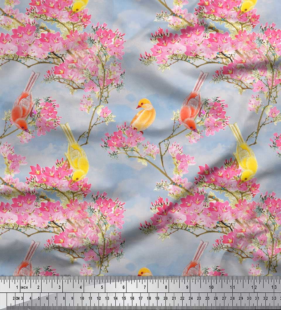 Soimoi Gray Cotton Jersey Fabric Floral & Pigeon Bird Printed Craft Fabric by The Yard 64 Inch Wide