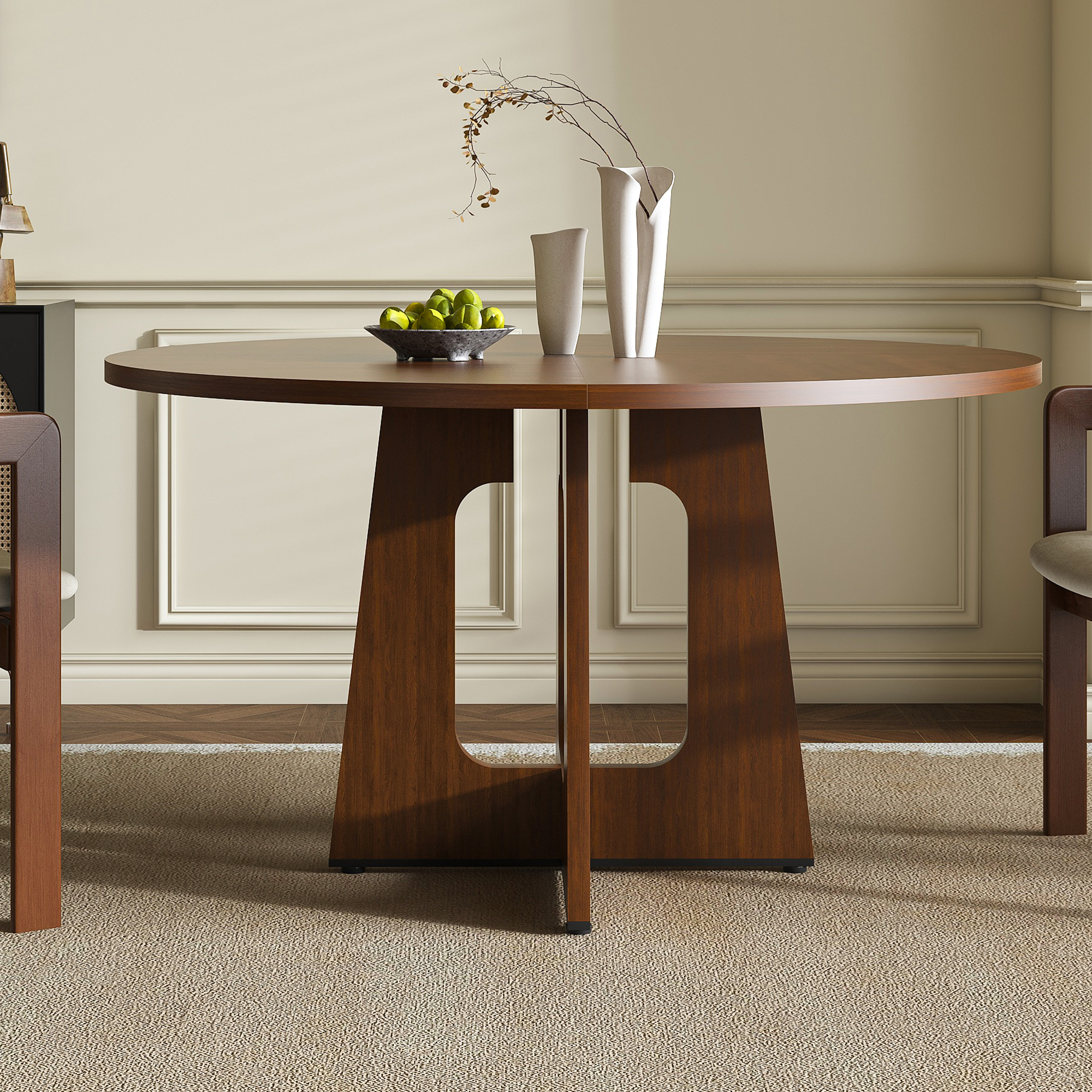 Noble House 47" Round Dining Table for 4,Farmhouse MDF Circle Table with Wood Grain Finish,Walnut