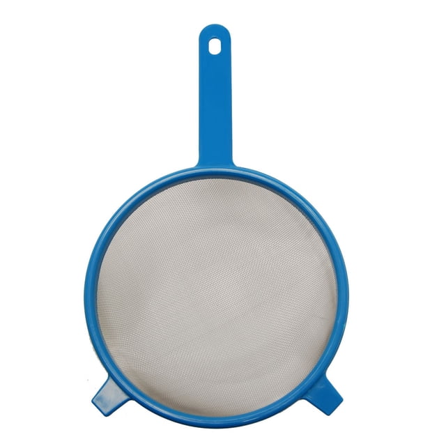 Starfrit 8 inch (20 cm) mesh strainer with blue plastic frame and handle, featuring fine stainless steel mesh for straining pasta, rice, rinsing fruits and vegetables, and sifting flour or powdered sugar, shown from above on a white background.