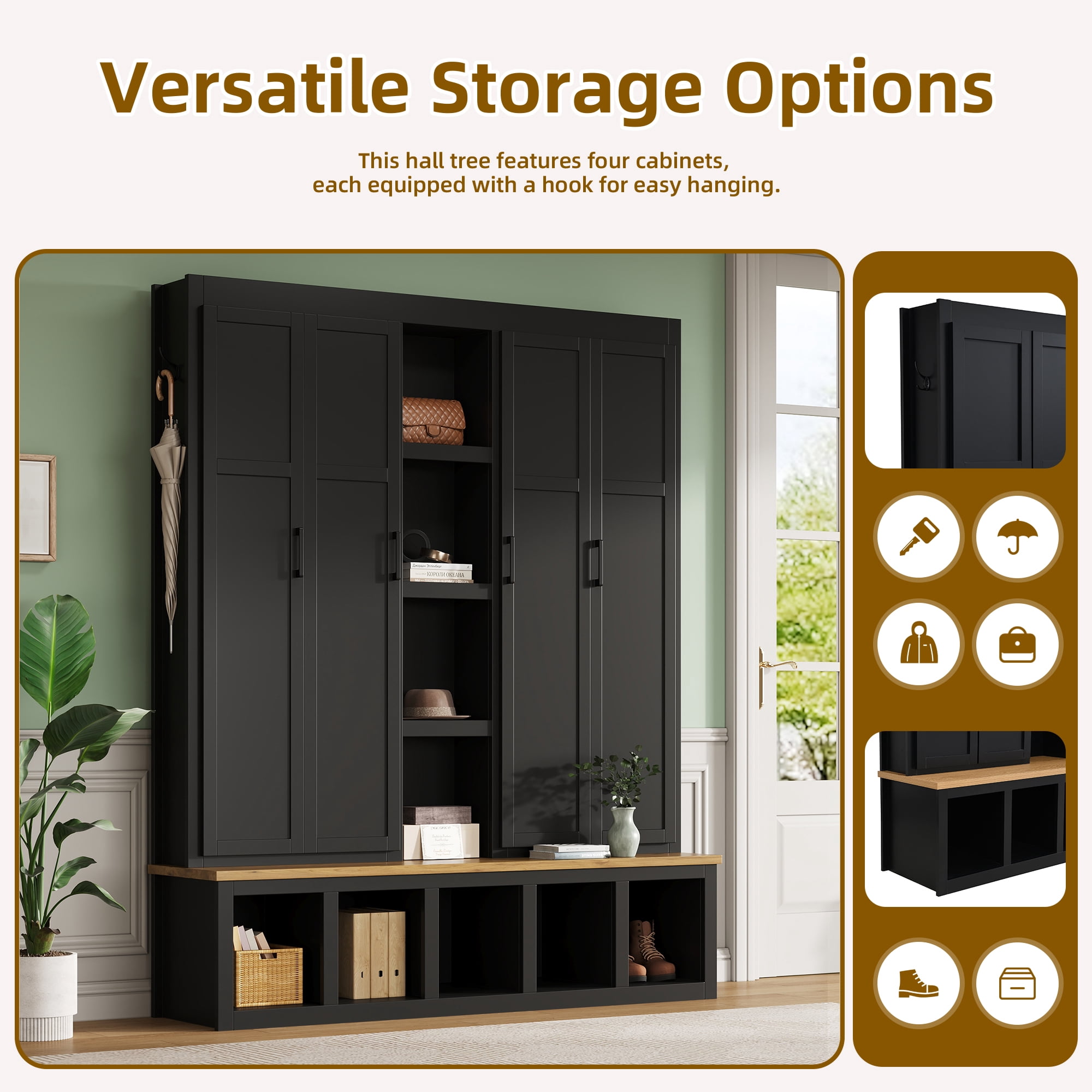 Noble House 62.9" Farmhouse Hall Tree with 6 Hooks,Wood Grain Bench & Shoe Cabinet for Entryway Living Room,Black