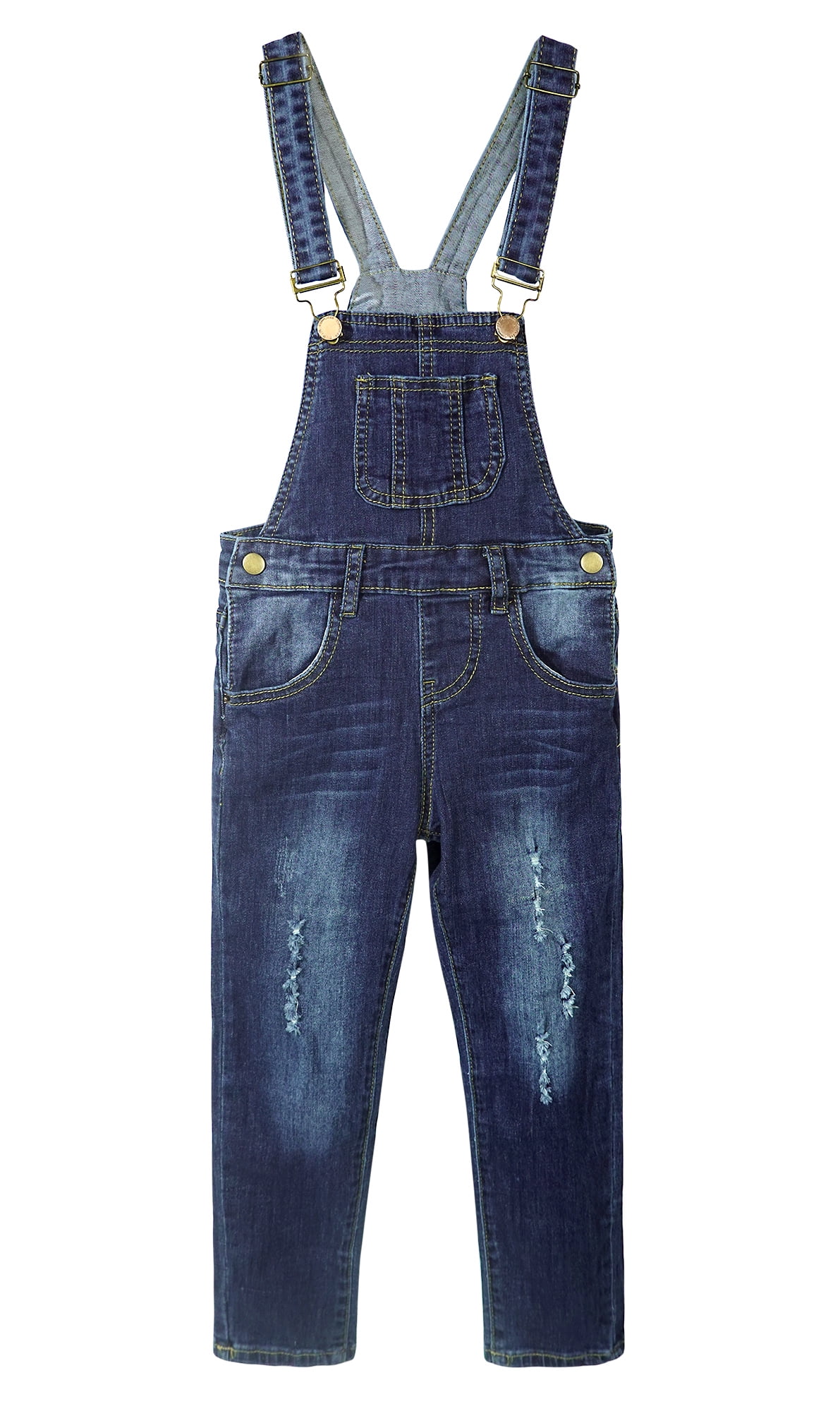 KIDSCOOL SPACE Big Girls Ripped Denim Overalls, Adjustable Elastic Waistand Inside Stretch Jeans Jumpsuit,Deep Blue,13-14 Years