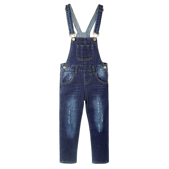 KIDSCOOL SPACE Big Girls Ripped Denim Overalls, Adjustable Elastic Waistand Inside Stretch Jeans Jumpsuit,Deep Blue,11-12 Years