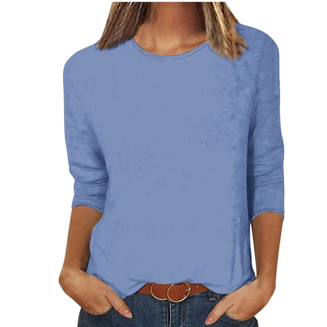 Yuyuzo Tuniques pour Femmes Grande Taille Décontractées à Manches 3/4, Col Ras du Cou, Chemises Unies, Coupe Ample, T-Shirts Basiques