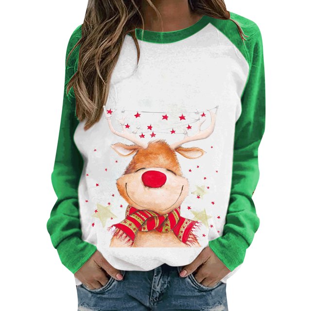 Kmbangi Women Casual Tops Long Sleeve Printed Color-Contrast T-Shirt