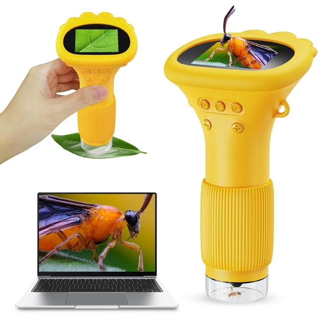 Buggy Lens Microscope Toy, Buggylens Magnifier, Digital Microscope, 2" IPS Screen 100x Handheld Digital Microscopes HD Pocket Portable Microscopes (Yellow)