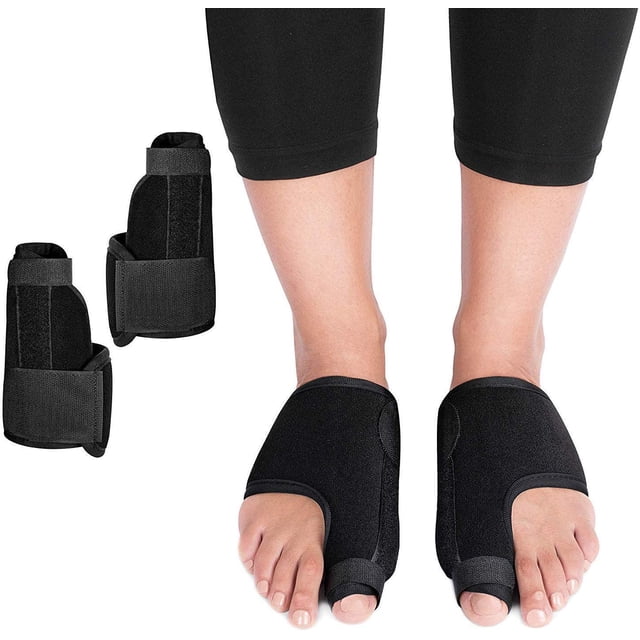 Bunion correctors for women by JIAIA, featuring adjustable black toe splints designed to align the big toe and redistribute pressure. The image shows a pair of bunion correctors worn on both feet, with an additional pair displayed separately. Ideal for improving balance, posture, and weight distribution, these bunion splints are suitable for active individuals seeking non-surgical treatment for bunions.