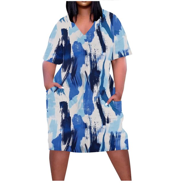 Pisexur Robes d'Été pour Femmes Mode Imprimé Floral Robe Décontractée Ample Col en V Manches Courtes Robes T-Shirt Fluide Surdimensionnée Robe de Plage avec Poches Grande Taille Mi-Mollet L-5TG