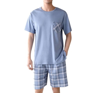 GDREDA Ensemble de Nuit pour Homme Pyjama pour Homme Été Manches Courtes Tenue Décontractée Pouvant Être Portée à l'Extérieur de la Maison Ensemble Pyjama et Vêtements de Détente pour Homme Bleu Clair, TTG