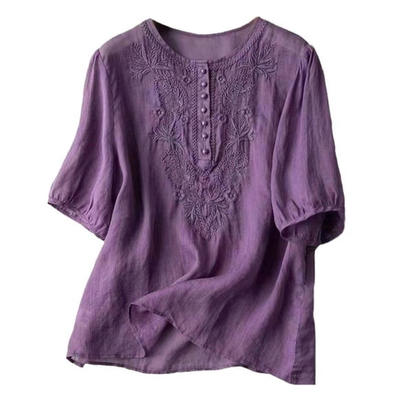 lcziwo Linen Tops for Women,Women's 3/4 Sleeve Linen Shirts Lace Embroidery Gauze Tunic Blouse Summer Lightweight Loose Hem Chiffon Top Purple,M