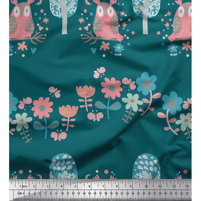 Soimoi Modal Satin Fabric Floral,Tree & Owl Kids Printed Fabric 1 Yard 42 Inch Wide