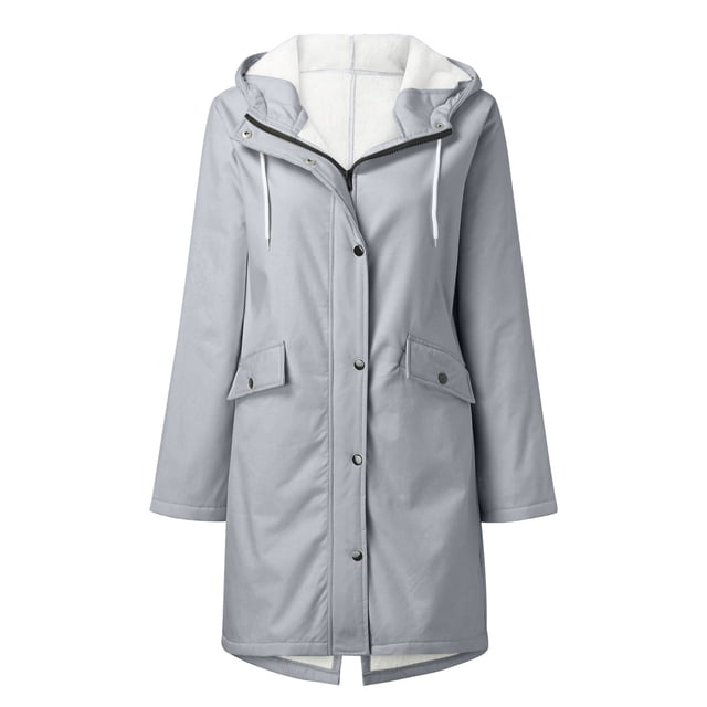 LSLJS Women Solid Rain Jacket Outdoor Fleece Keep Warm Plus Hooded Raincoat Windproof Jackets Solid Outwear( Gray, XXL)