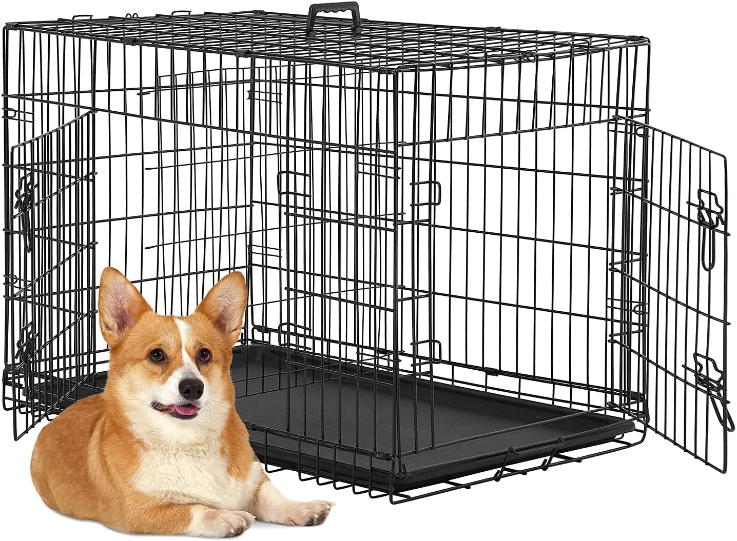 BestPet 24 Inch Cat Dog Cage Pet Kennel Folding Crate Wire Metal Cage WDivider Wire Double-Door Folding Pet Animal Plastic Tray and Handle, Black