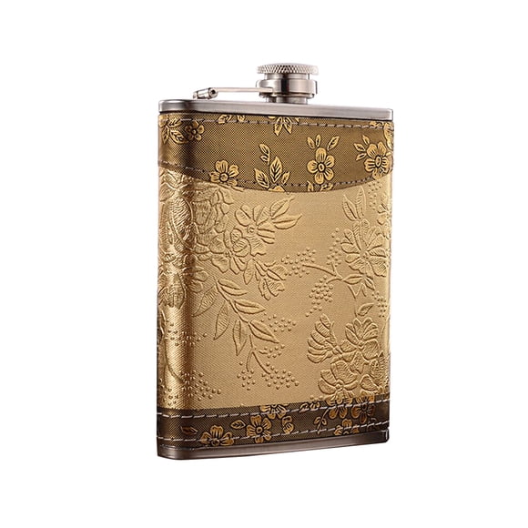 KAKOWELY Stainless Steel Portable Flask Retro Pattern Wine Whiskey Bottle for Men and Women (Golden),4.8"X3.66"X0.87"