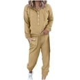 thumbnail image 1 of Pisexur Womens Lounge Set Trendy Casual Solid Color Matching Set Long Sleeve Button Drawstring Hooded Sweathirts Tops Wide Leg Sweatpants Tracksuit with Pockets 2 Piece Travel Outfits, 1 of 6