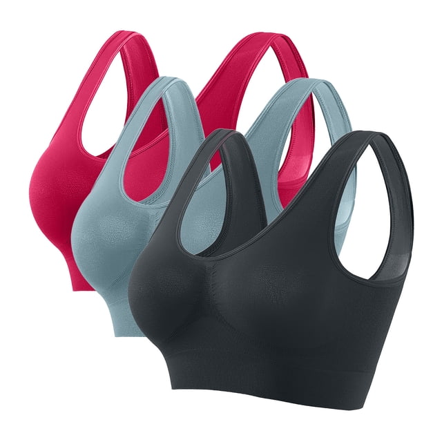 Cameland 3 Pack of Wireless Sports Bras for Women, featuring high-impact support and push-up design with removable pads. Includes three bras in black, blue, and red colours. Made of nylon and spandex for a soft, breathable, and moisture-wicking fit. Designed for plus-size women, these bras offer bounce control and are suitable for activities like yoga, workouts, or everyday wear. Wireless construction ensures comfort and natural shaping.