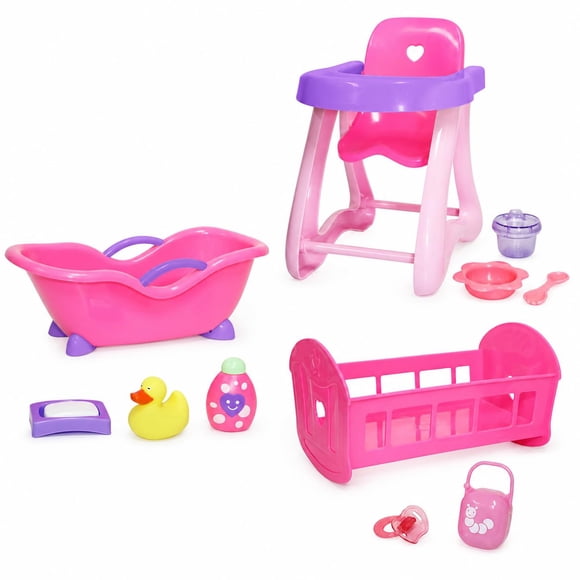 JC Toys Deluxe Doll Accessory Bundle | High Chair, Crib, Bath and Extra Accessories for Dolls up to 11" | Fits 11" La Baby & Other Similar