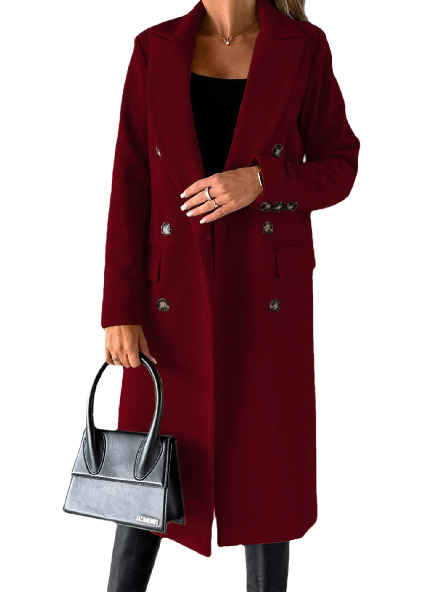 MAWCLOS Ladies Classic Solid Color Outwear Holiday Lapel Pea Coats Wine Red M