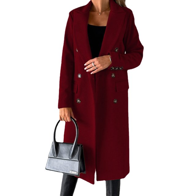 MAWCLOS Ladies Classic Solid Color Outwear Holiday Lapel Pea Coats Wine Red M
