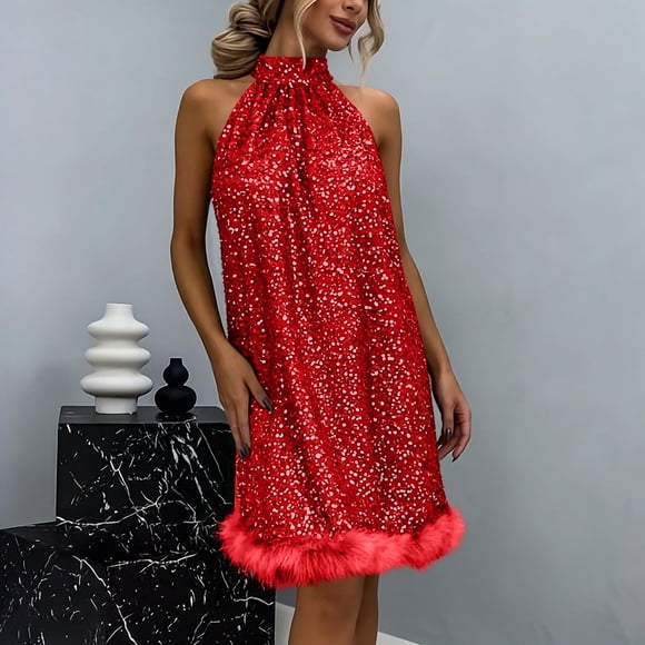 Sequin Mini Dress Womens Sleeveless Sparkly Short Dress for Teen Girls Homecoming Holiday Party Prom Gowns Dresses for Graduation Red XXL