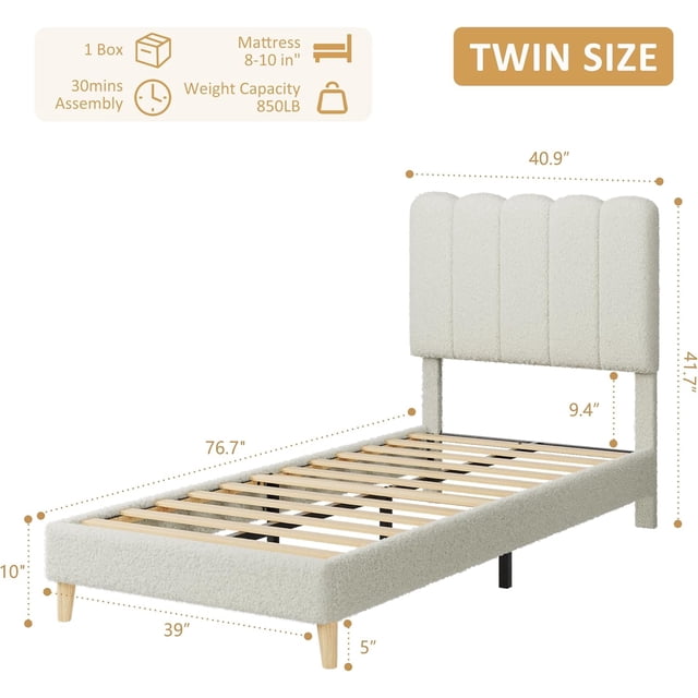 EDTara Cadre de Lit Simple pour Filles, Plateforme Rembourrée en Velours avec Tête de Lit Incurvée et Lattes en Bois, Conception Silencieuse